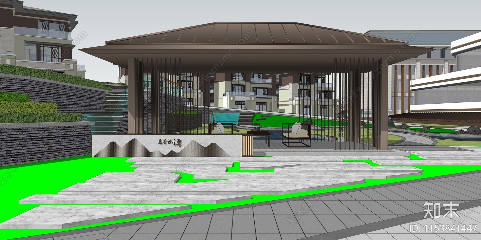 新中式小区景观SU模型下载【ID:1153841447】