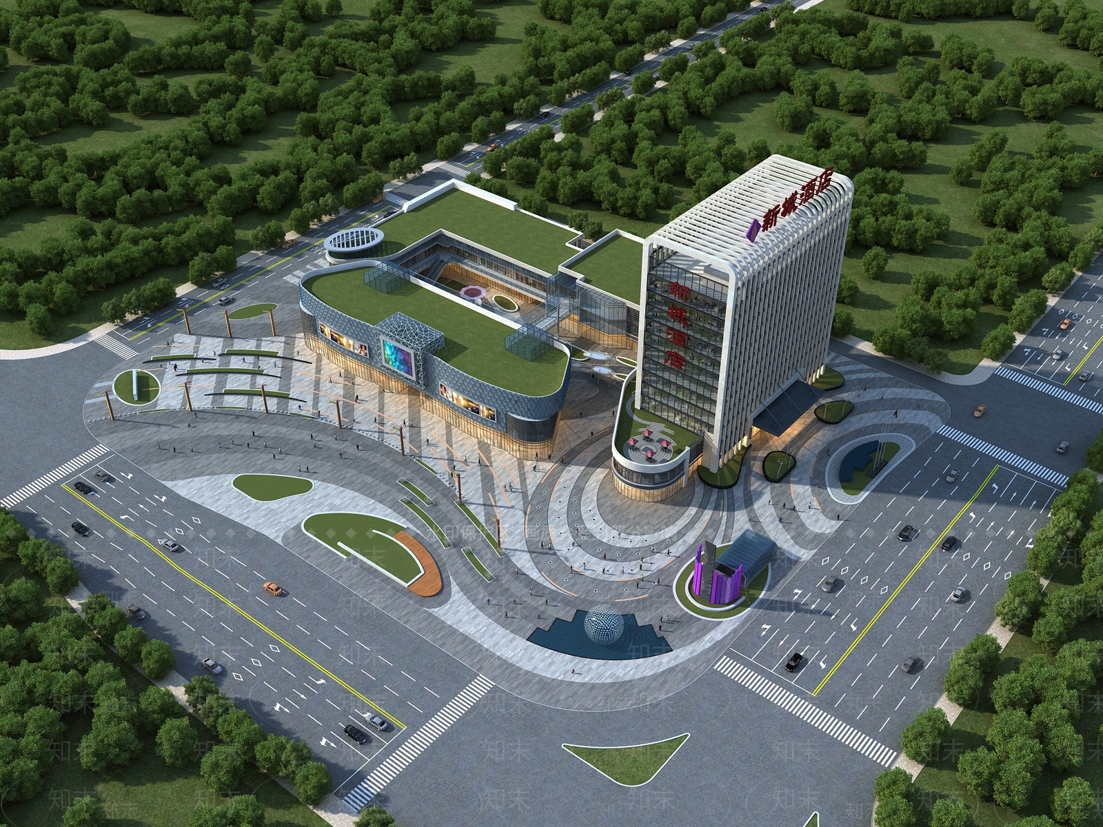 现代商场酒店鸟瞰规划3D模型下载【ID:1153843646】