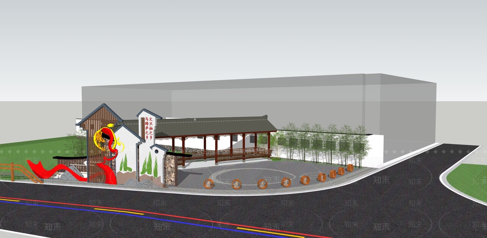 新中式乡村小广场SU模型下载【ID:1153847251】