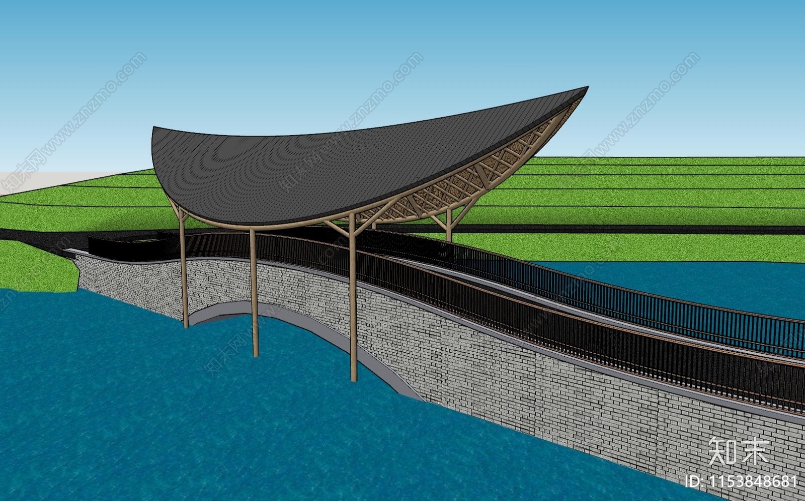 新中式景观廊架桥SU模型下载【ID:1153848681】