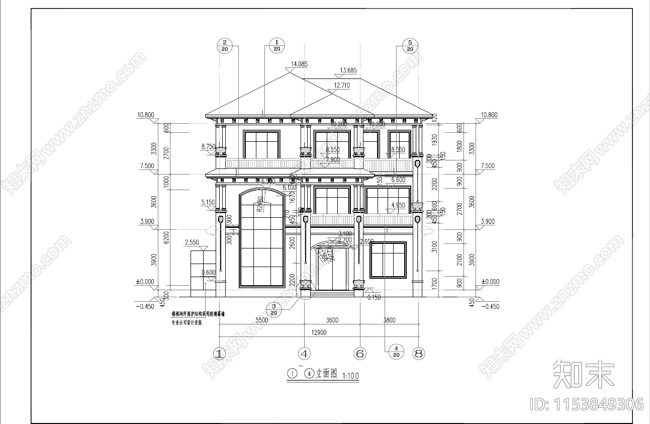 现代欧式三层别墅建筑cad施工图下载【ID:1153849306】