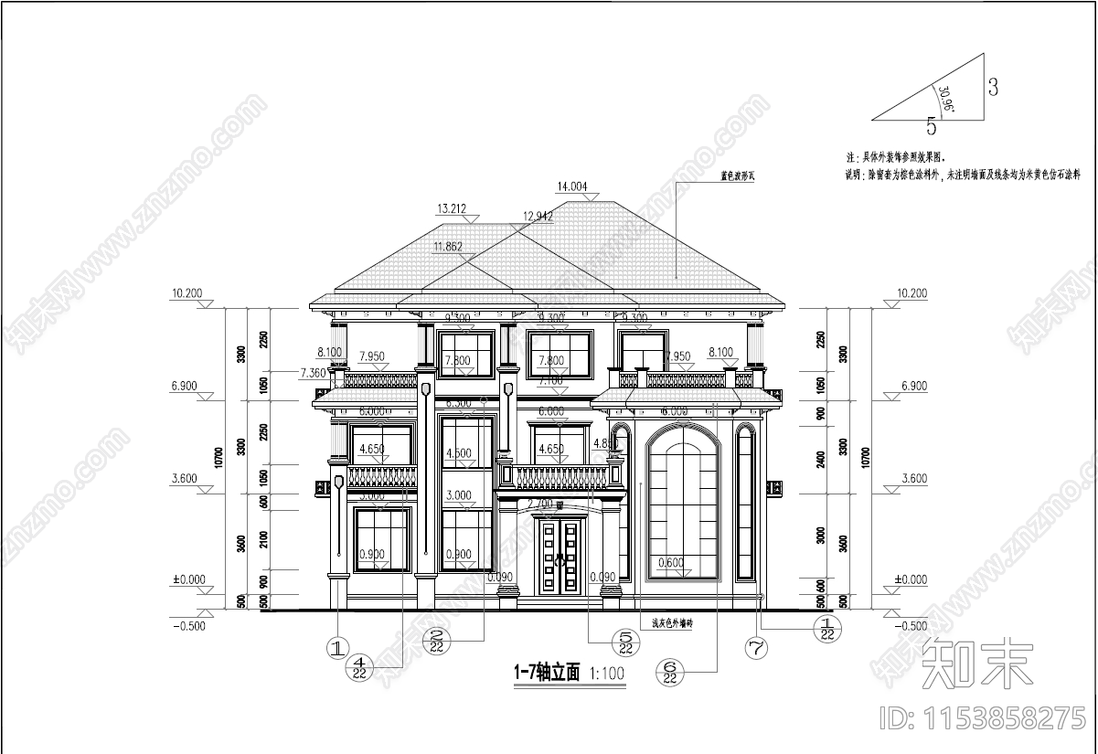 现代简欧三层别墅建筑cad施工图下载【ID:1153858275】