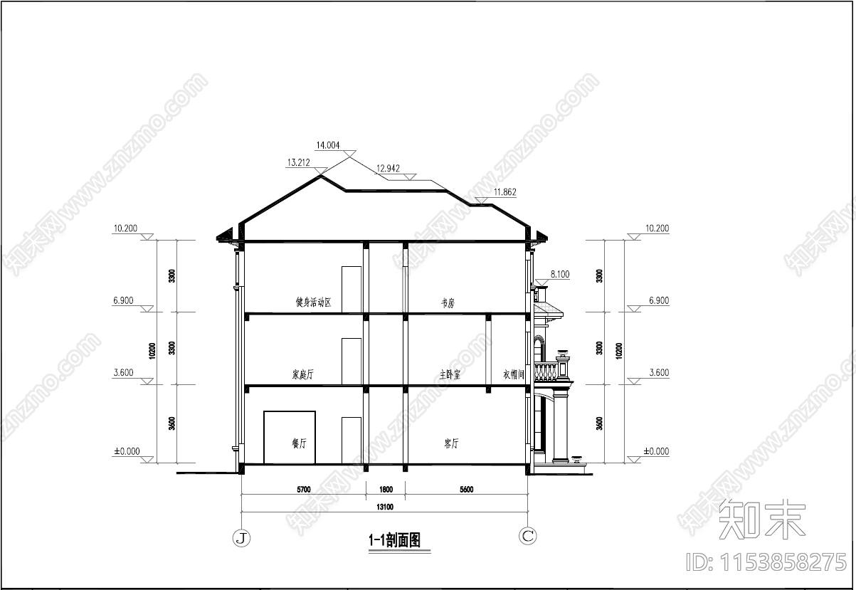 现代简欧三层别墅建筑cad施工图下载【ID:1153858275】