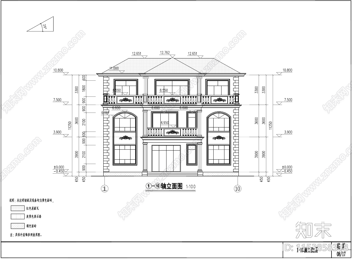 简欧风格三层自建房建筑cad施工图下载【ID:1153858318】