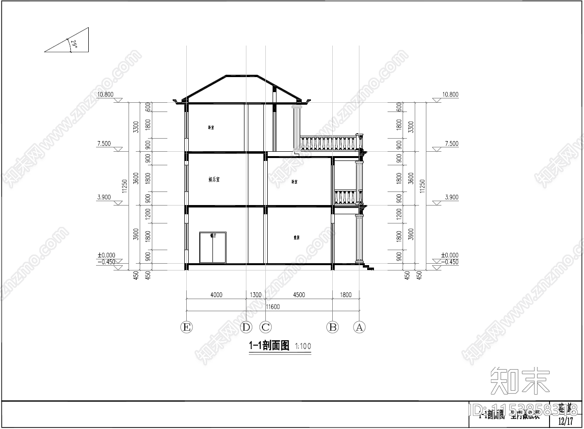 简欧风格三层自建房建筑cad施工图下载【ID:1153858318】