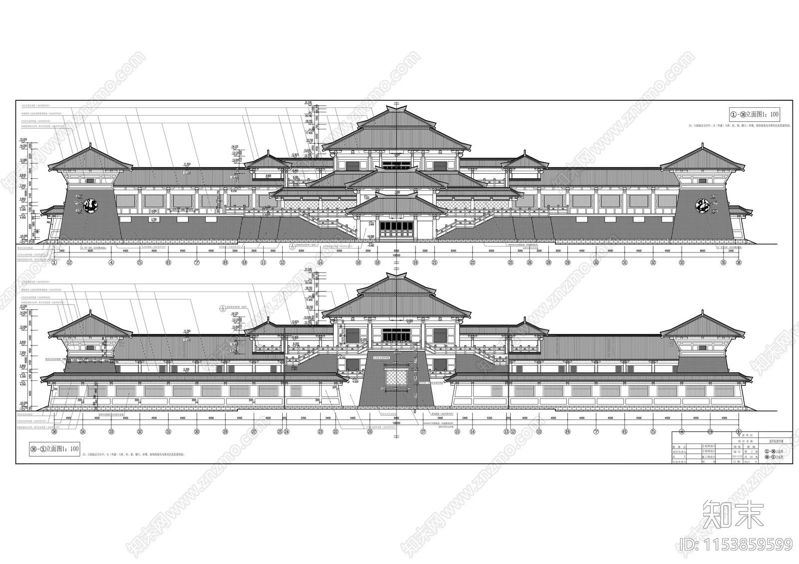 3层仿古单檐道学院建筑cad施工图下载【ID:1153859599】