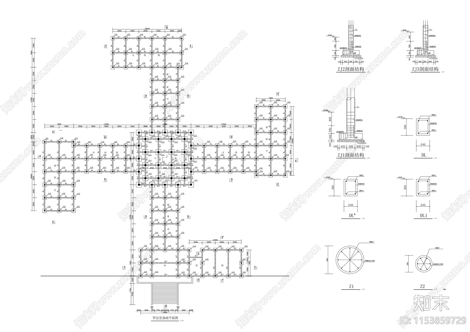 罗汉堂建筑cad施工图下载【ID:1153859729】