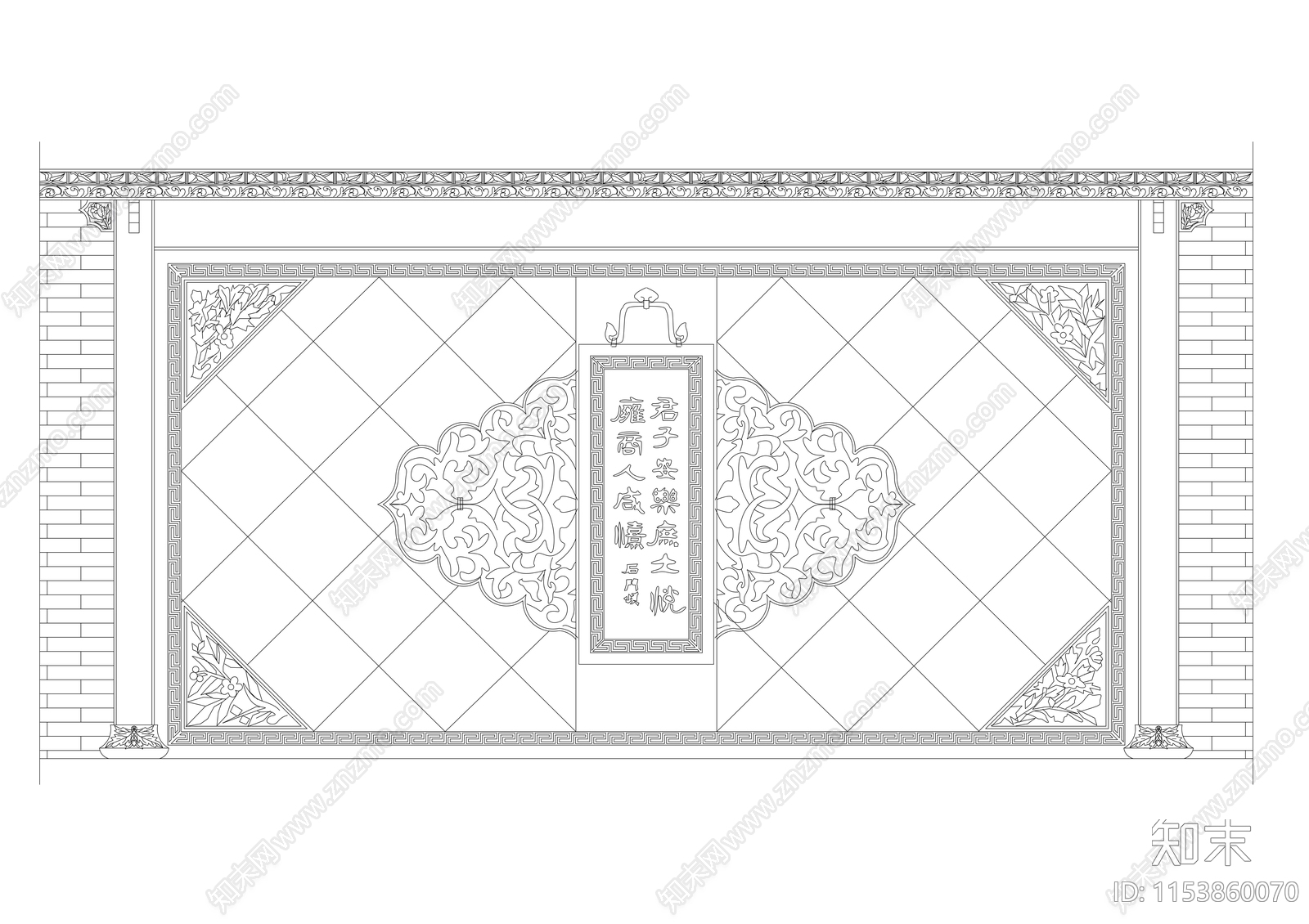 中式造型墙图块施工图下载【ID:1153860070】