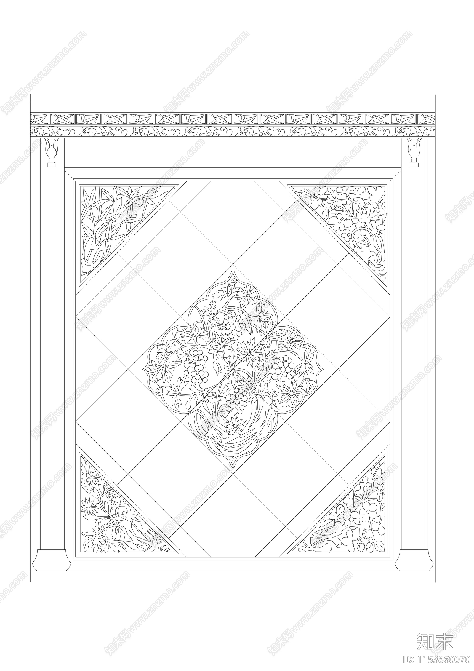 中式造型墙图块施工图下载【ID:1153860070】