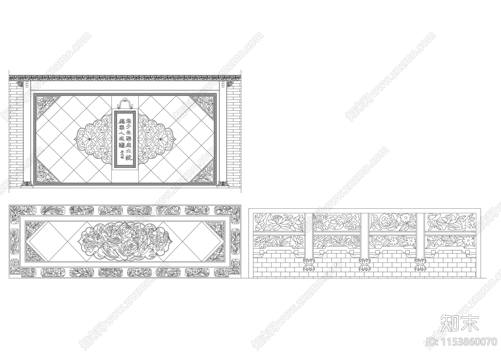 中式造型墙图块施工图下载【ID:1153860070】