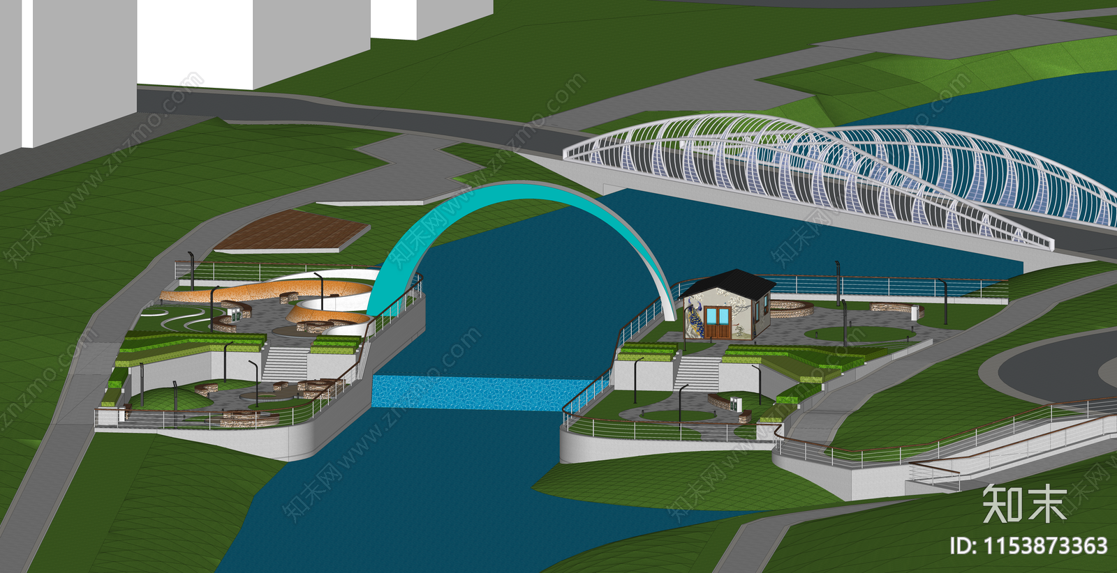 现代滨水景观SU模型下载【ID:1153873363】