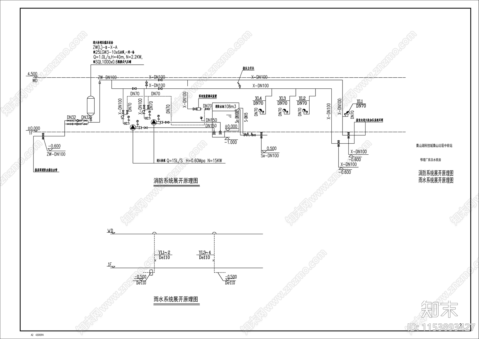 科技城垃圾中转站设备用房给排水cad施工图下载【ID:1153893427】