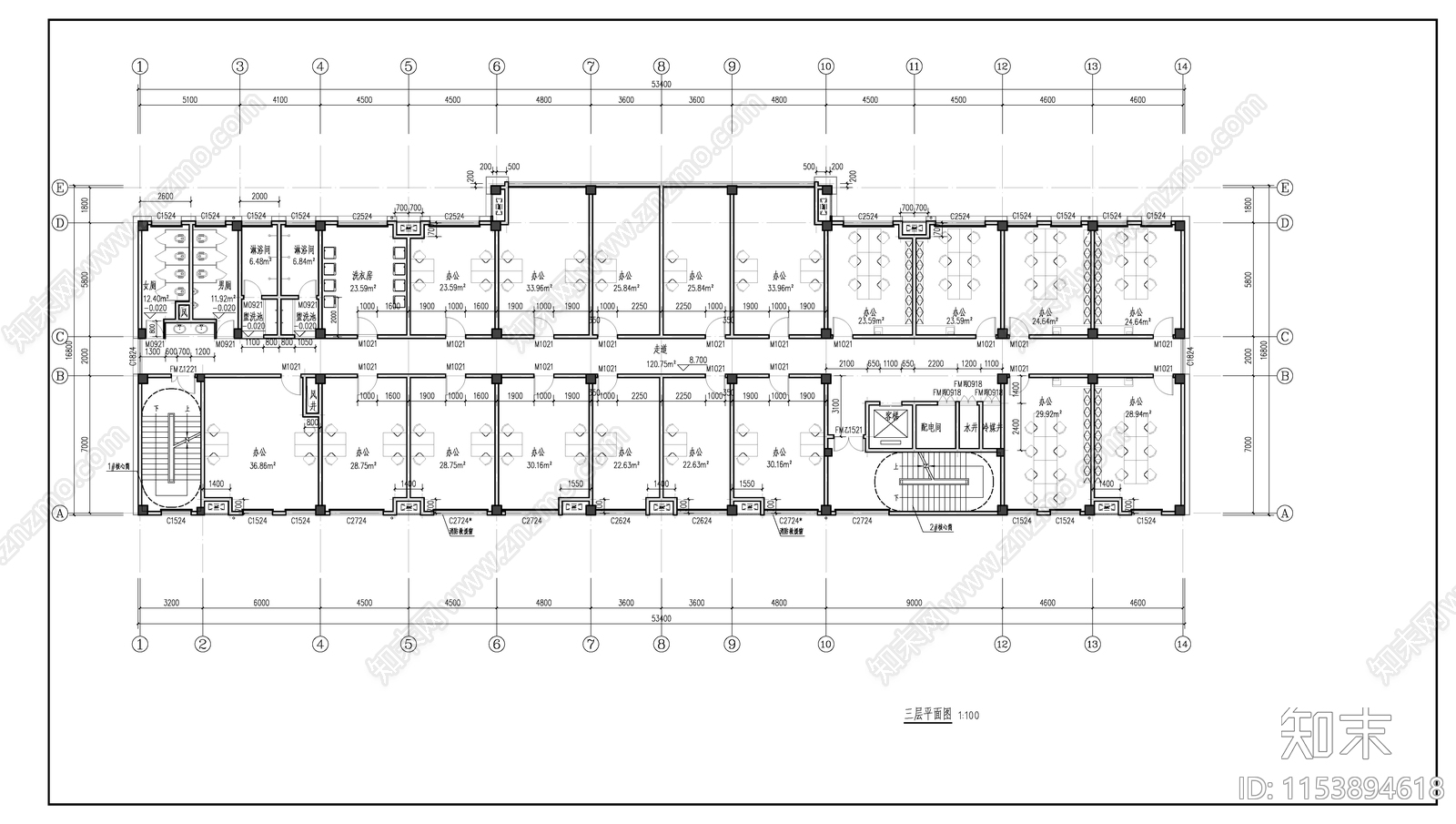 办公楼建筑cad施工图下载【ID:1153894618】