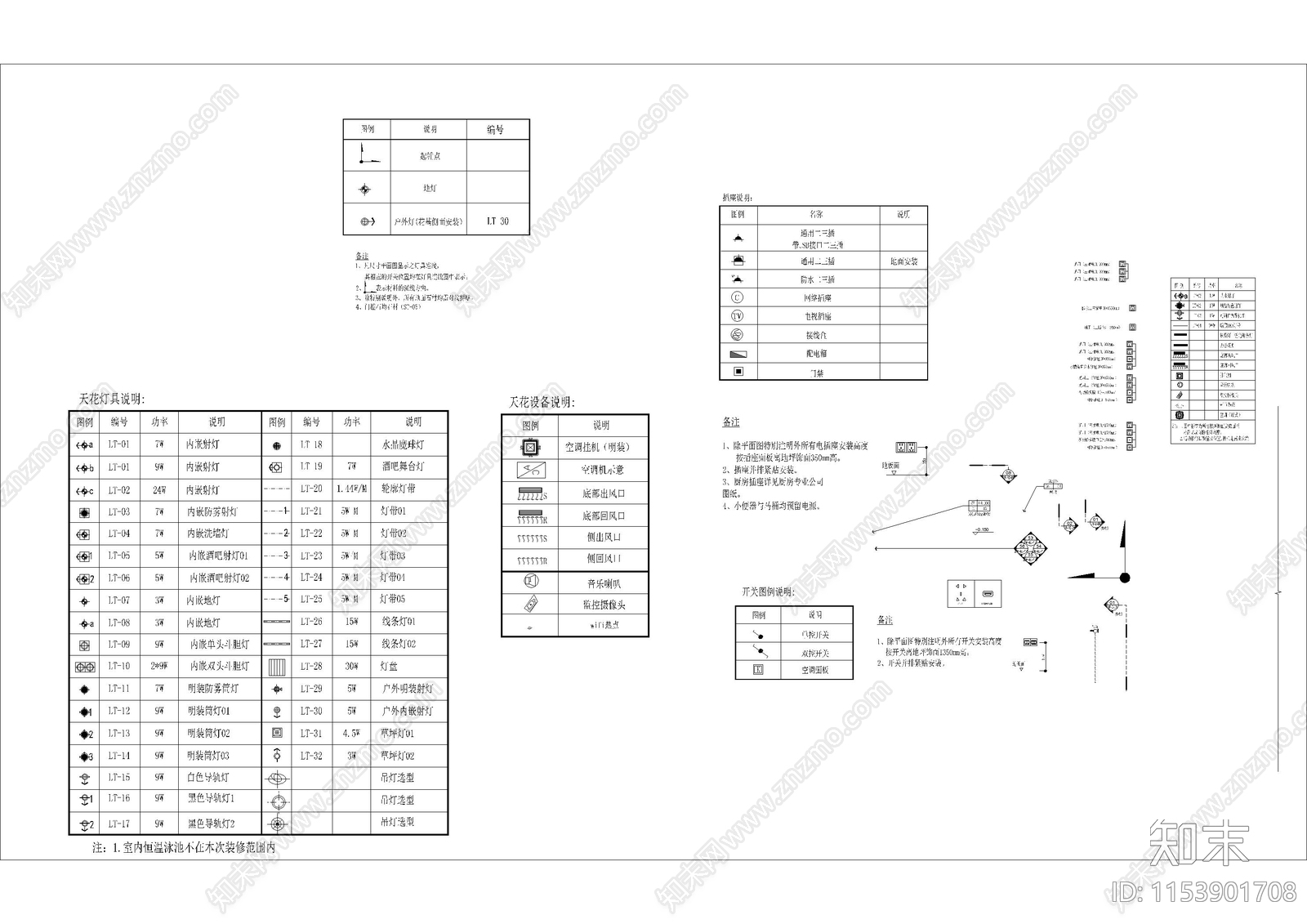 天花灯具插座图例cad施工图下载【ID:1153901708】
