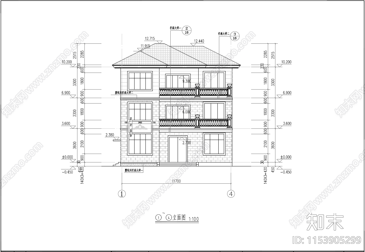 现代简欧三层自建房建筑cad施工图下载【ID:1153905299】