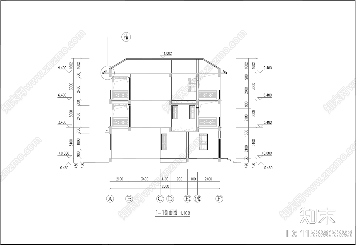 中式别墅建筑cad施工图下载【ID:1153905393】