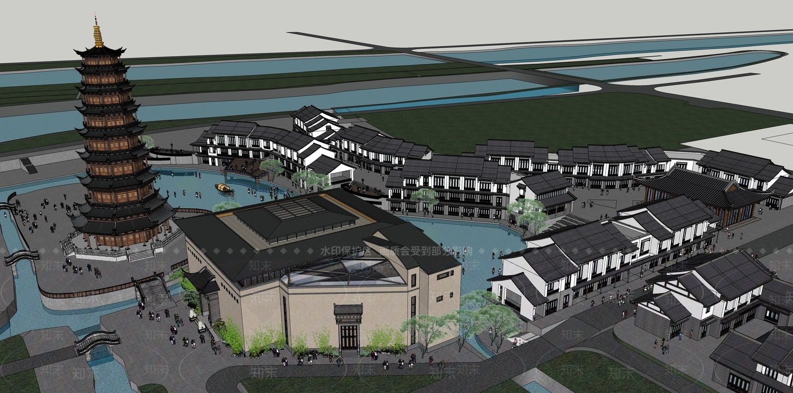 中式古镇商业街SU模型下载【ID:1153907209】