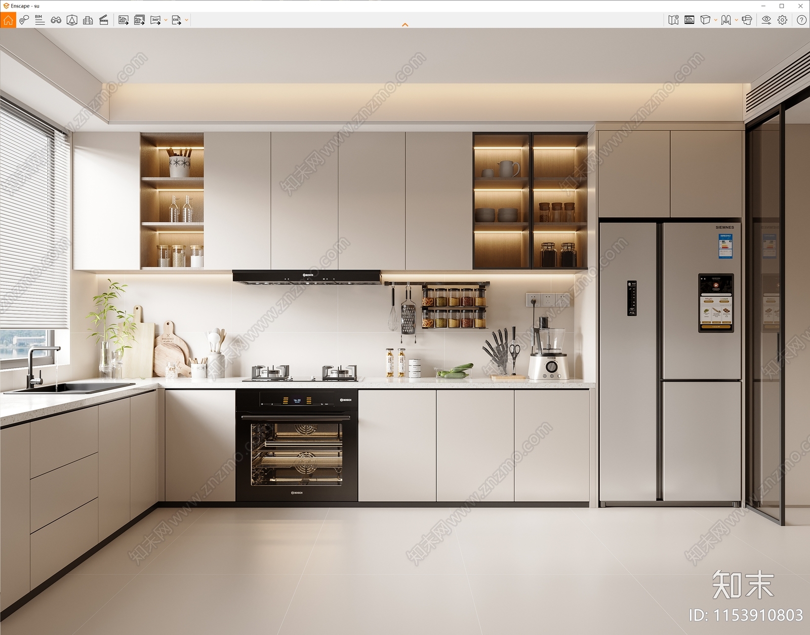 现代奶油风封闭式厨房SU模型下载【ID:1153910803】