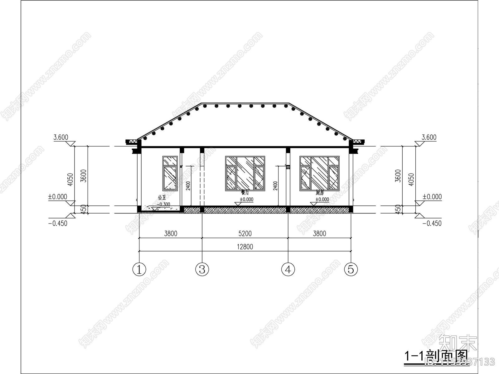 新中式一层独栋别墅建筑施工图下载【ID:1153937133】