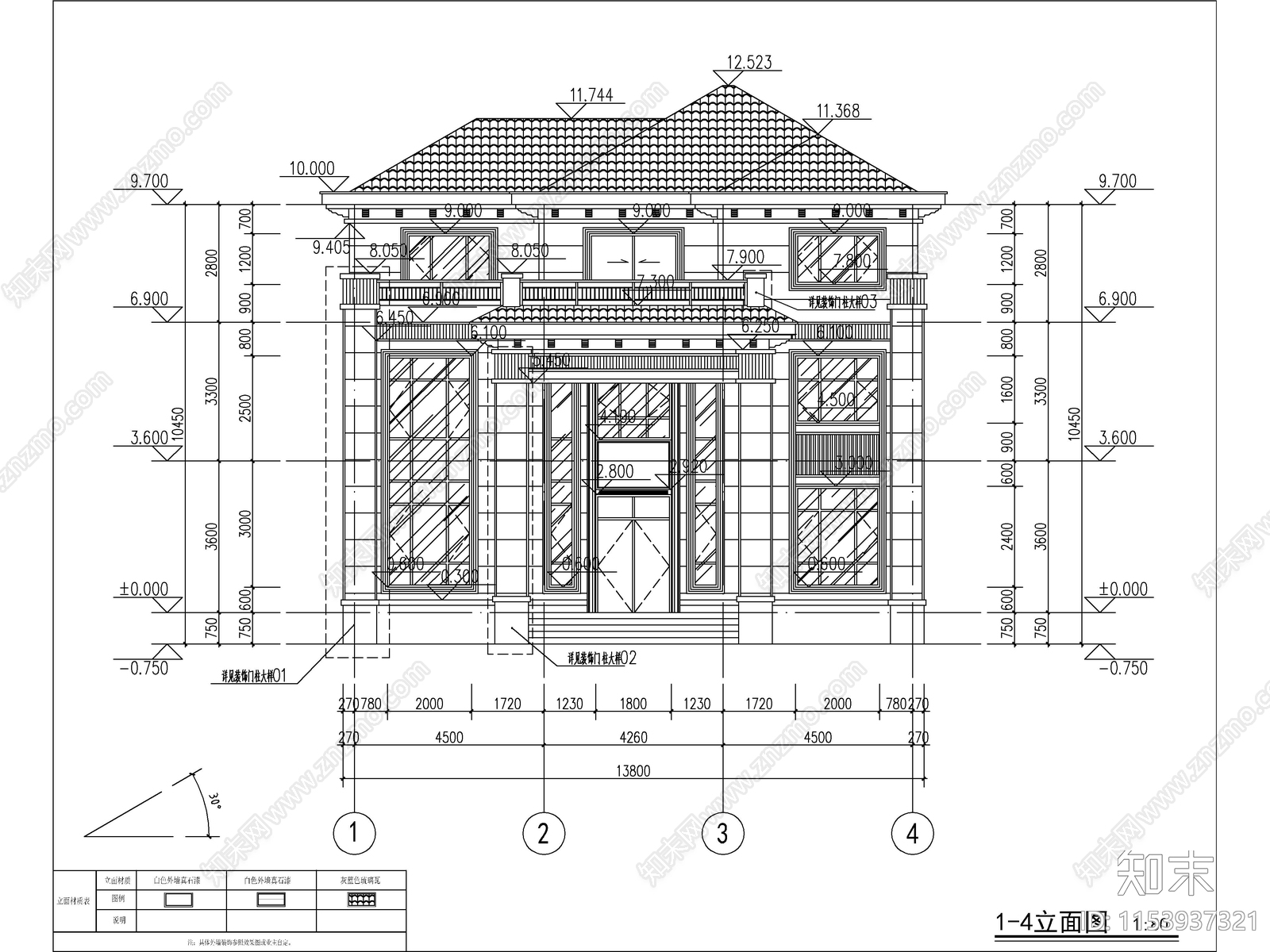 新中式三层独栋别墅建筑cad施工图下载【ID:1153937321】