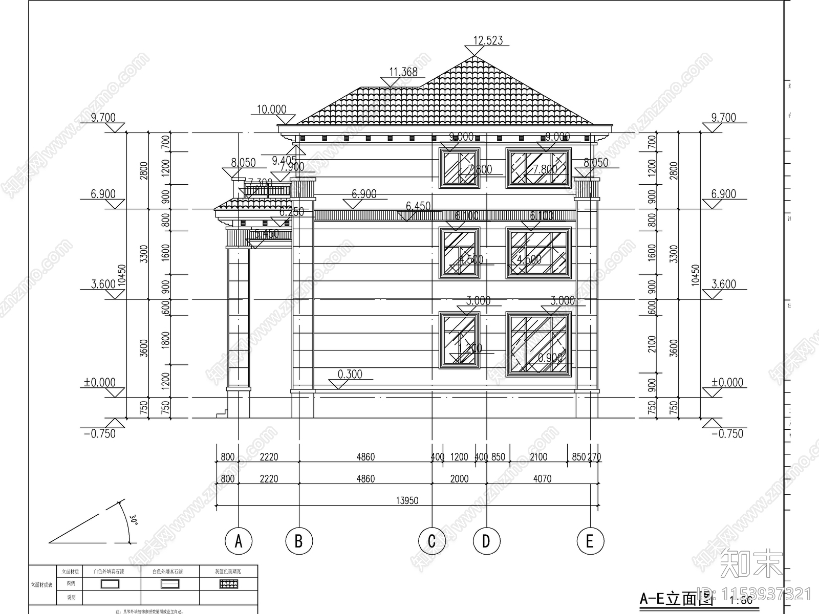 新中式三层独栋别墅建筑cad施工图下载【ID:1153937321】