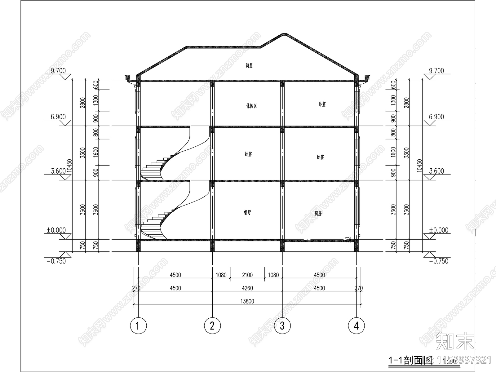 新中式三层独栋别墅建筑cad施工图下载【ID:1153937321】