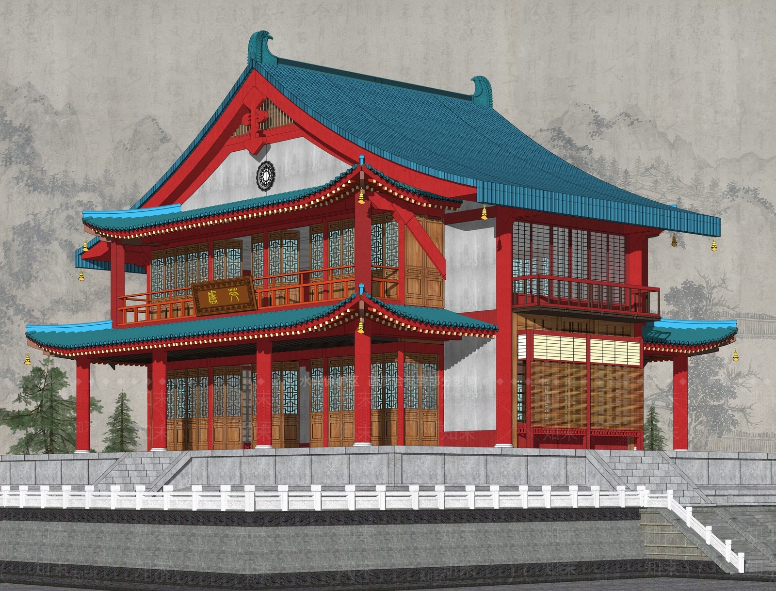 中式唐宋风酒楼SU模型下载【ID:1153972730】