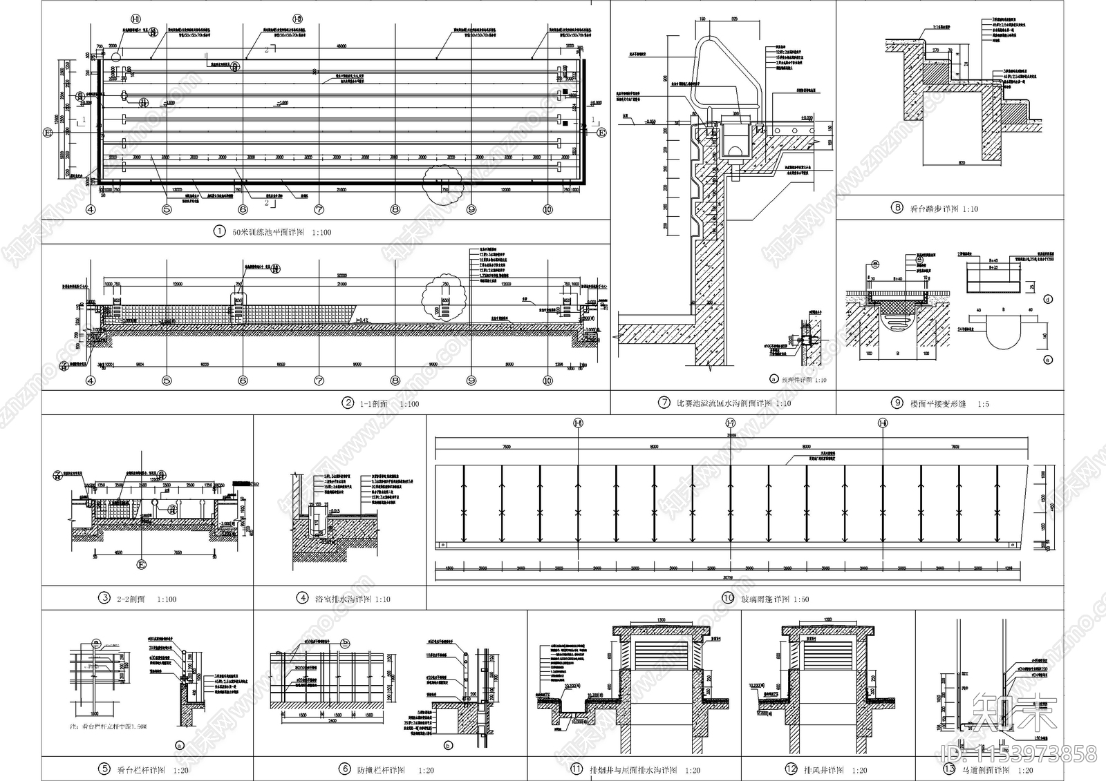 城市游泳馆建筑cad施工图下载【ID:1153973858】