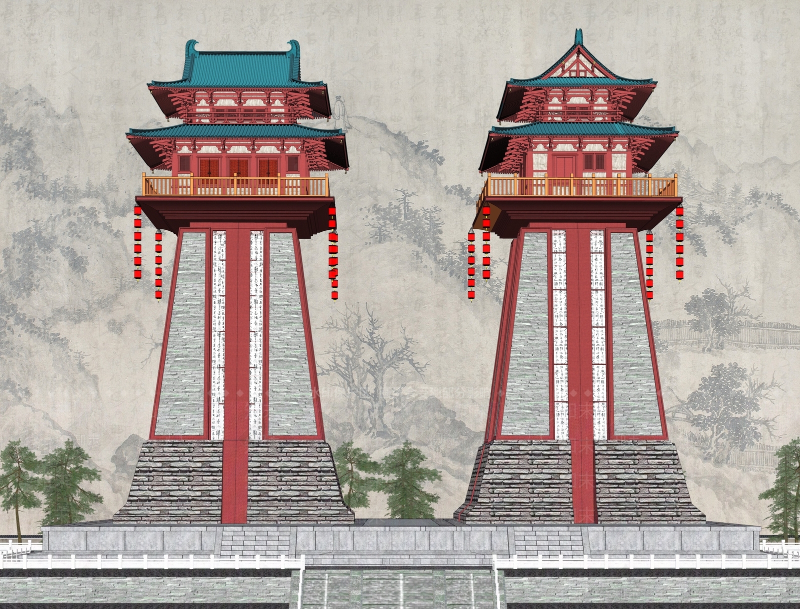 中式阙楼瞭望塔楼SU模型下载【ID:1153974618】
