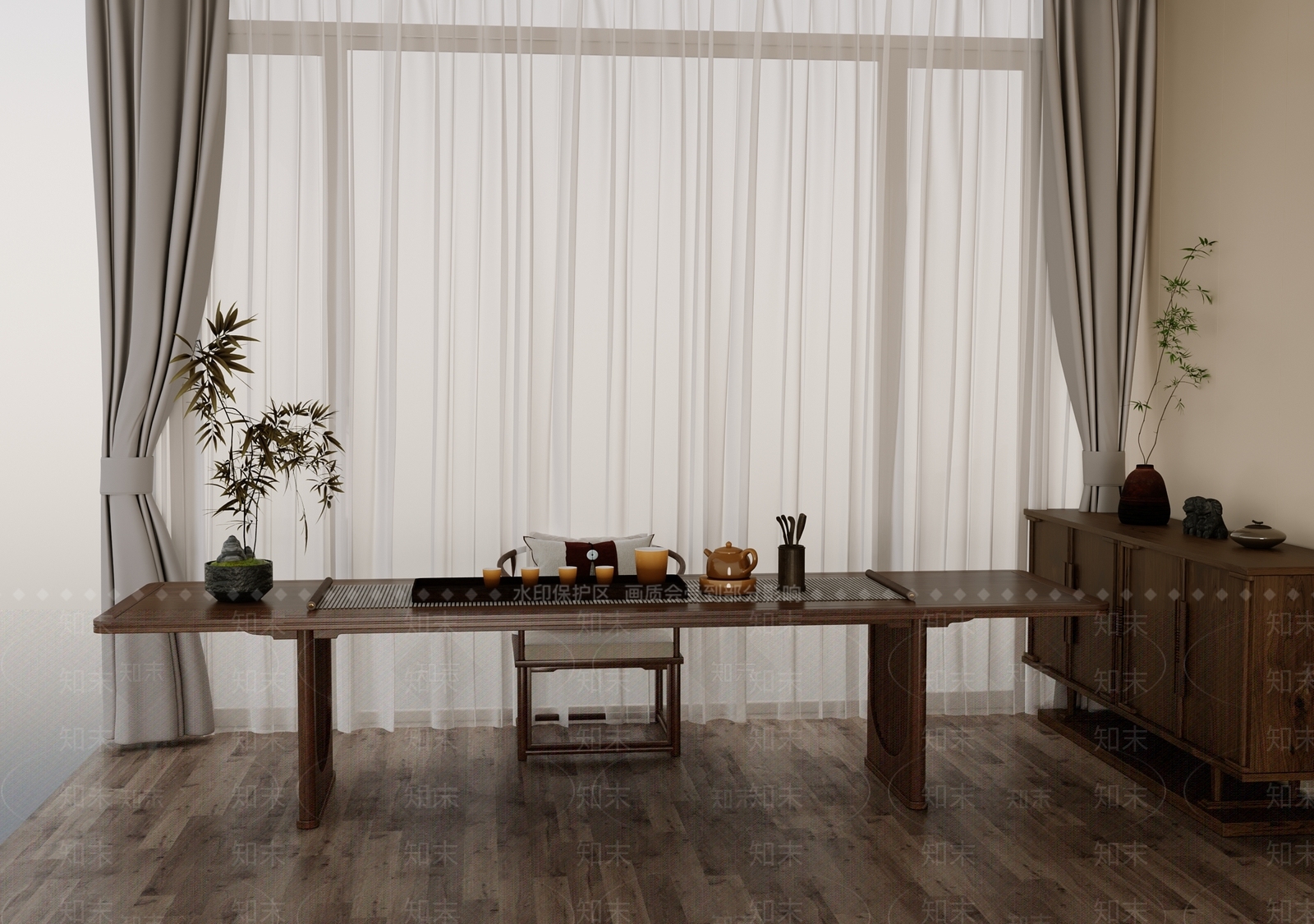 新中式茶桌椅组合3D模型下载【ID:1153980720】