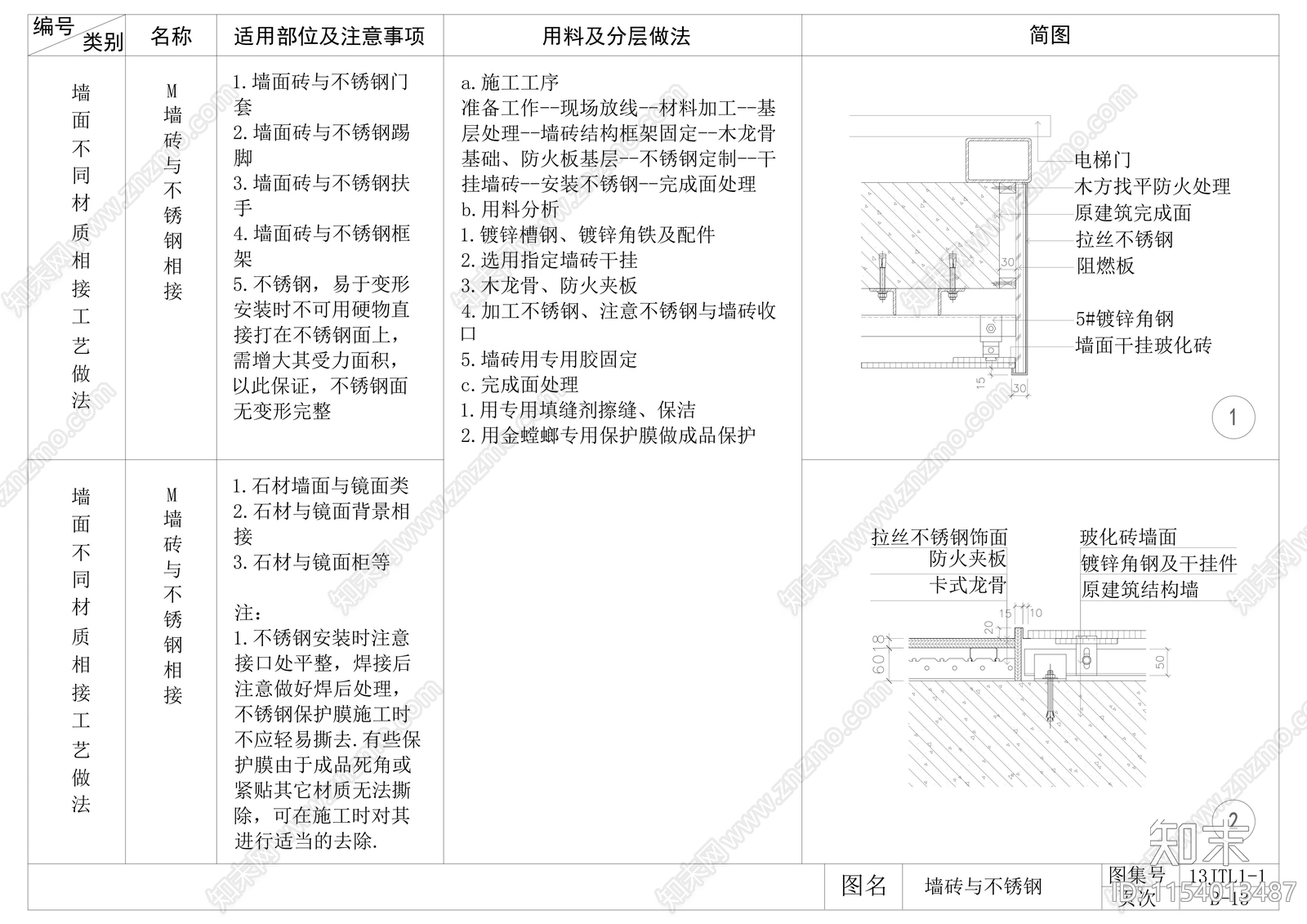 墙面瓷砖与各类材质拼接节点cad施工图下载【ID:1154013487】