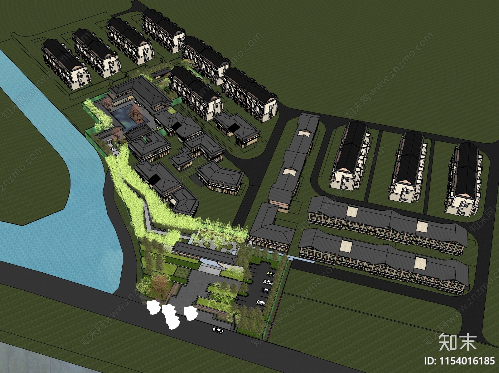 新中式小区建筑SU模型下载【ID:1154016185】