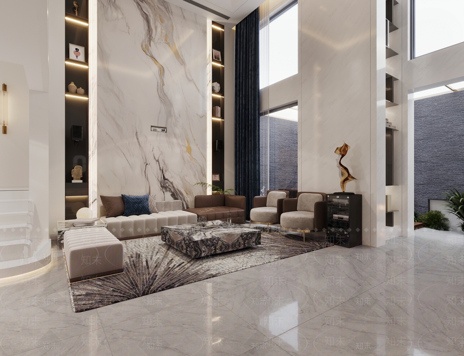 现代别墅挑空客厅电视墙背景墙3D模型下载【ID:1154028627】