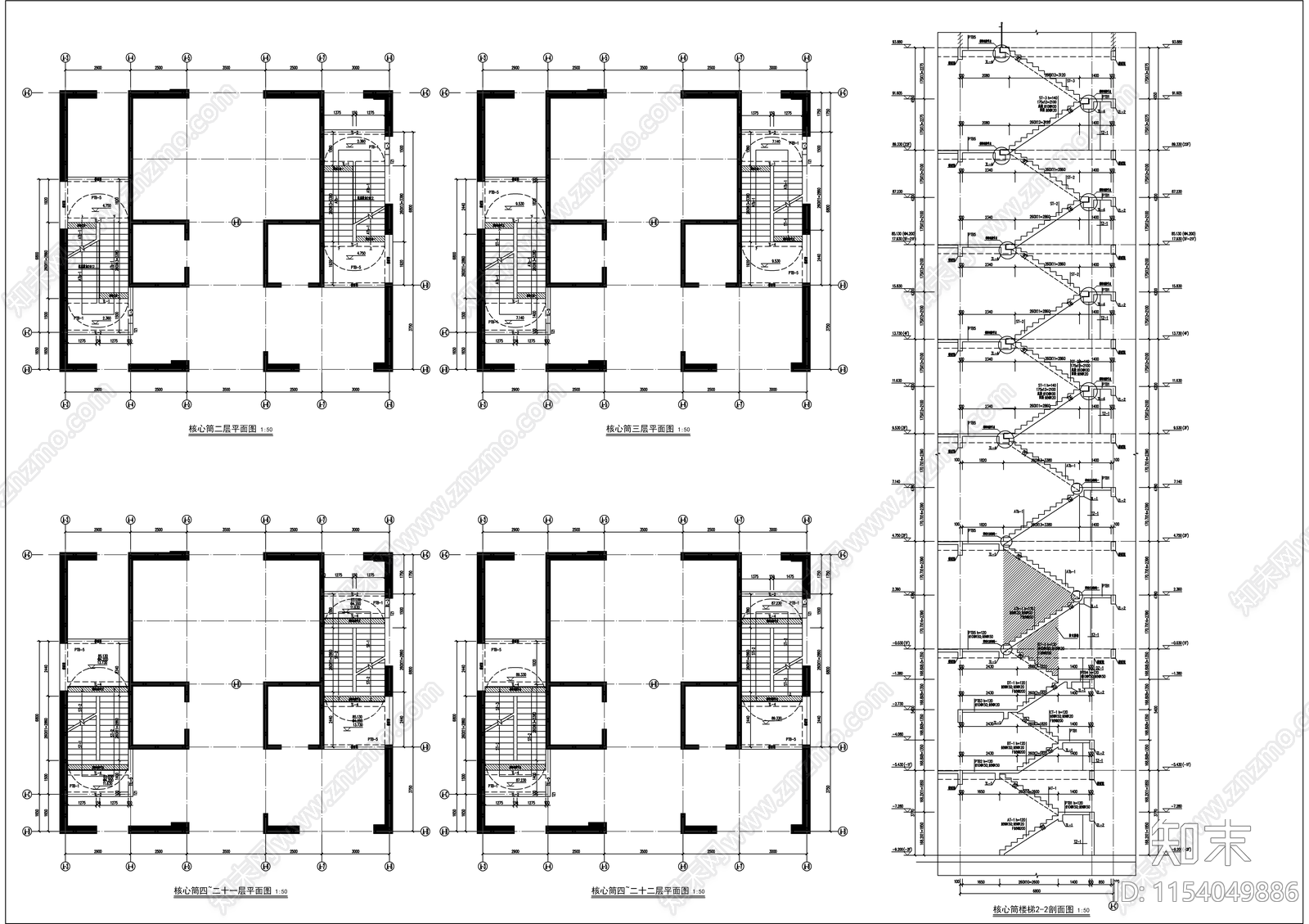 22层框架核心筒总部大楼项目cad施工图下载【ID:1154049886】
