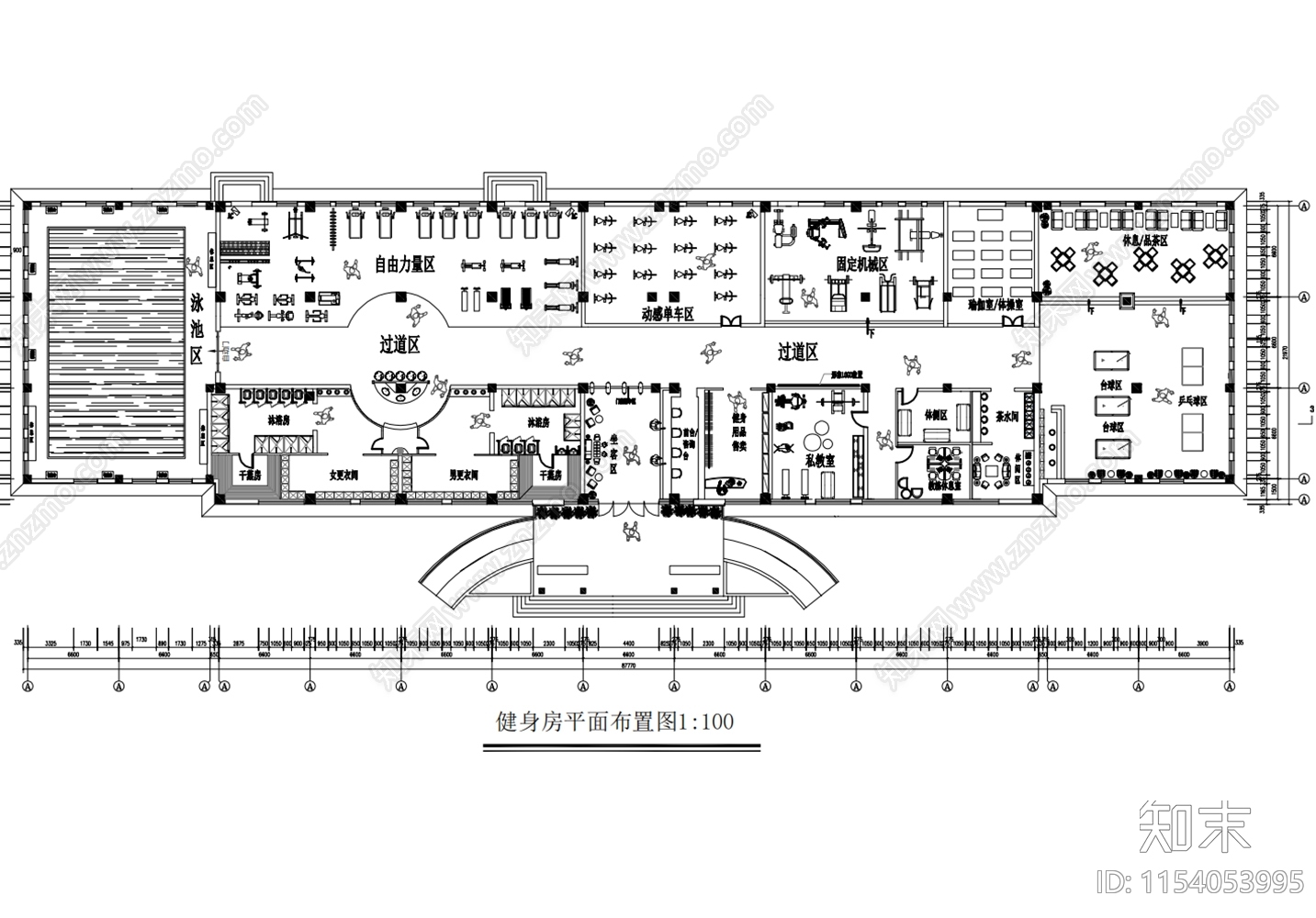 1900平米健身房平面图施工图下载【ID:1154053995】