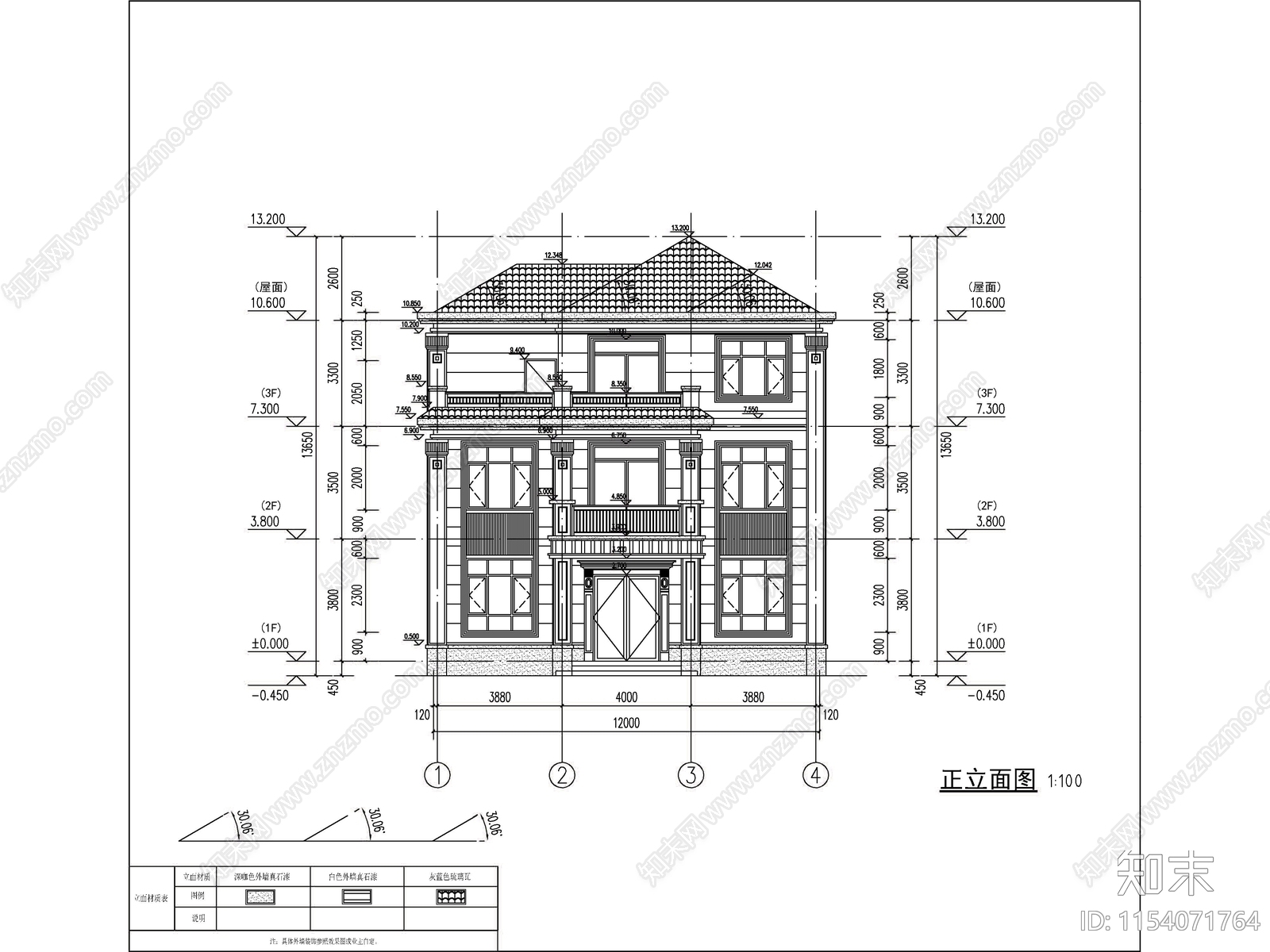 新中式三层独栋别墅建筑cad施工图下载【ID:1154071764】