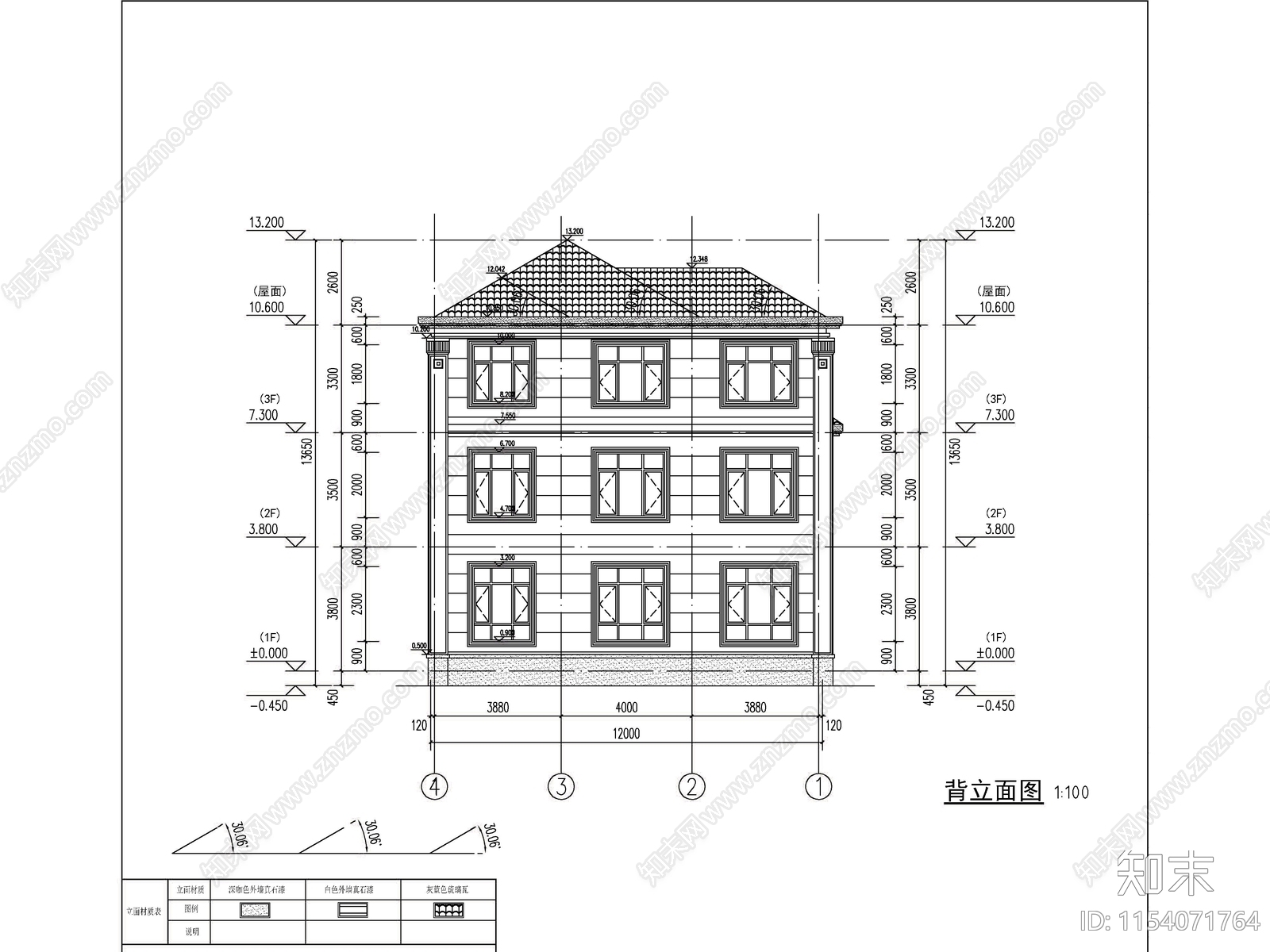 新中式三层独栋别墅建筑cad施工图下载【ID:1154071764】