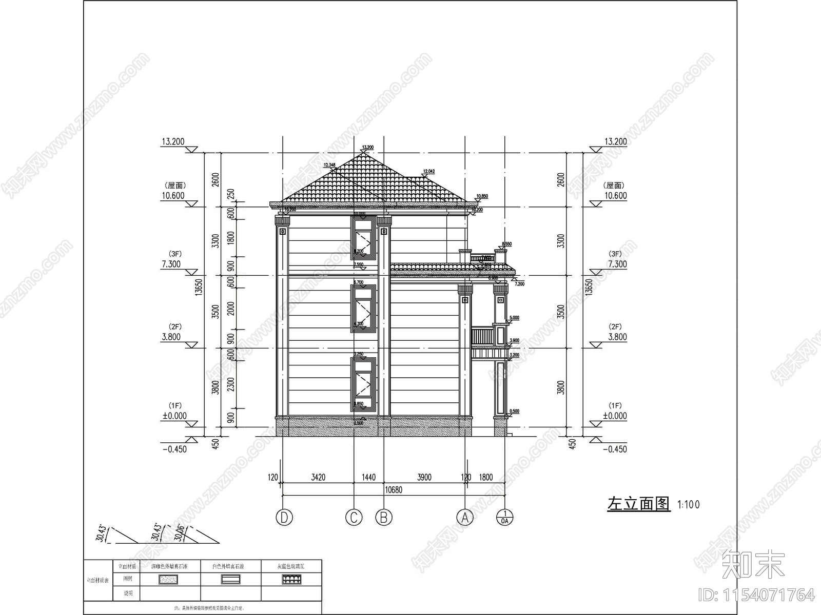 新中式三层独栋别墅建筑cad施工图下载【ID:1154071764】