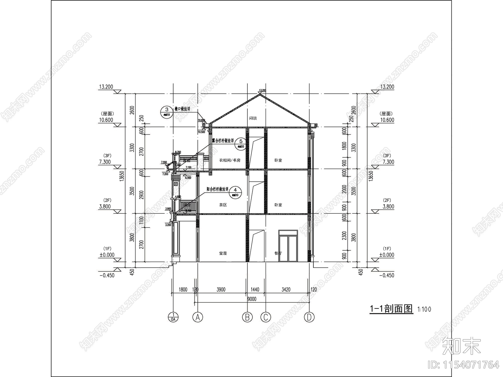 新中式三层独栋别墅建筑cad施工图下载【ID:1154071764】