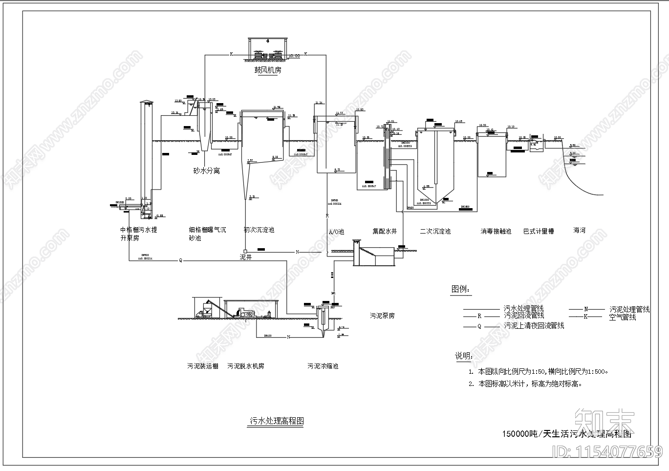 15万吨每天污水处理厂平面图高程图流程图cad施工图下载【ID:1154077659】