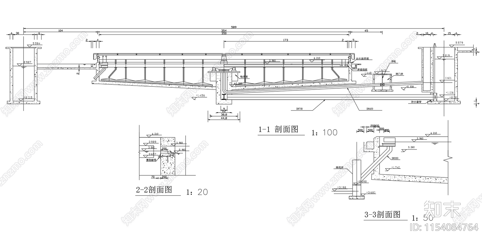 辐流式二沉池平面剖面三视图cad施工图下载【ID:1154084764】