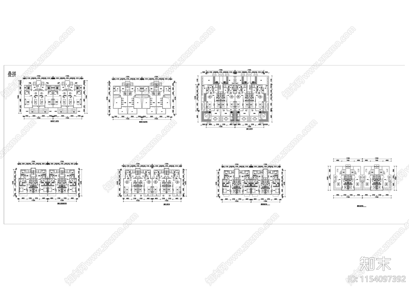 基准方中叠拼户型库cad施工图下载【ID:1154097392】