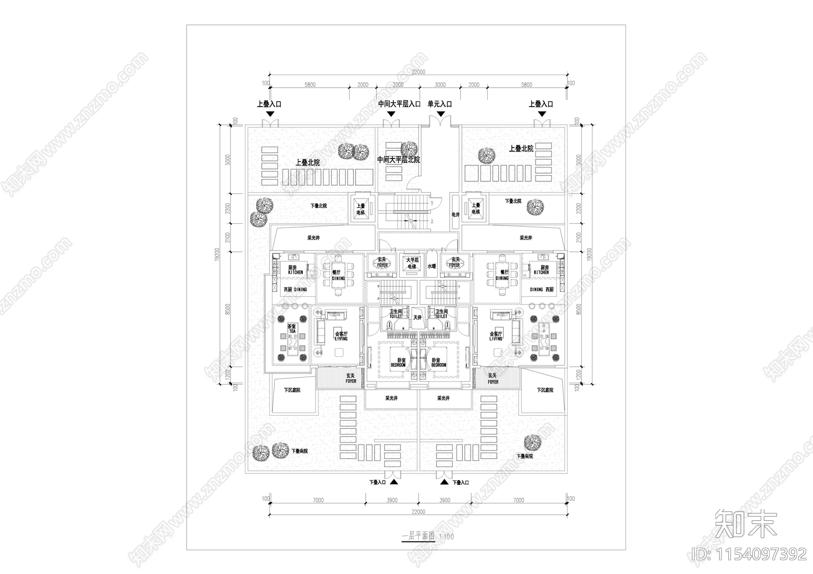 基准方中叠拼户型库cad施工图下载【ID:1154097392】