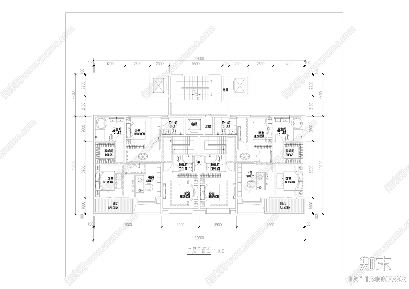 基准方中叠拼户型库cad施工图下载【ID:1154097392】