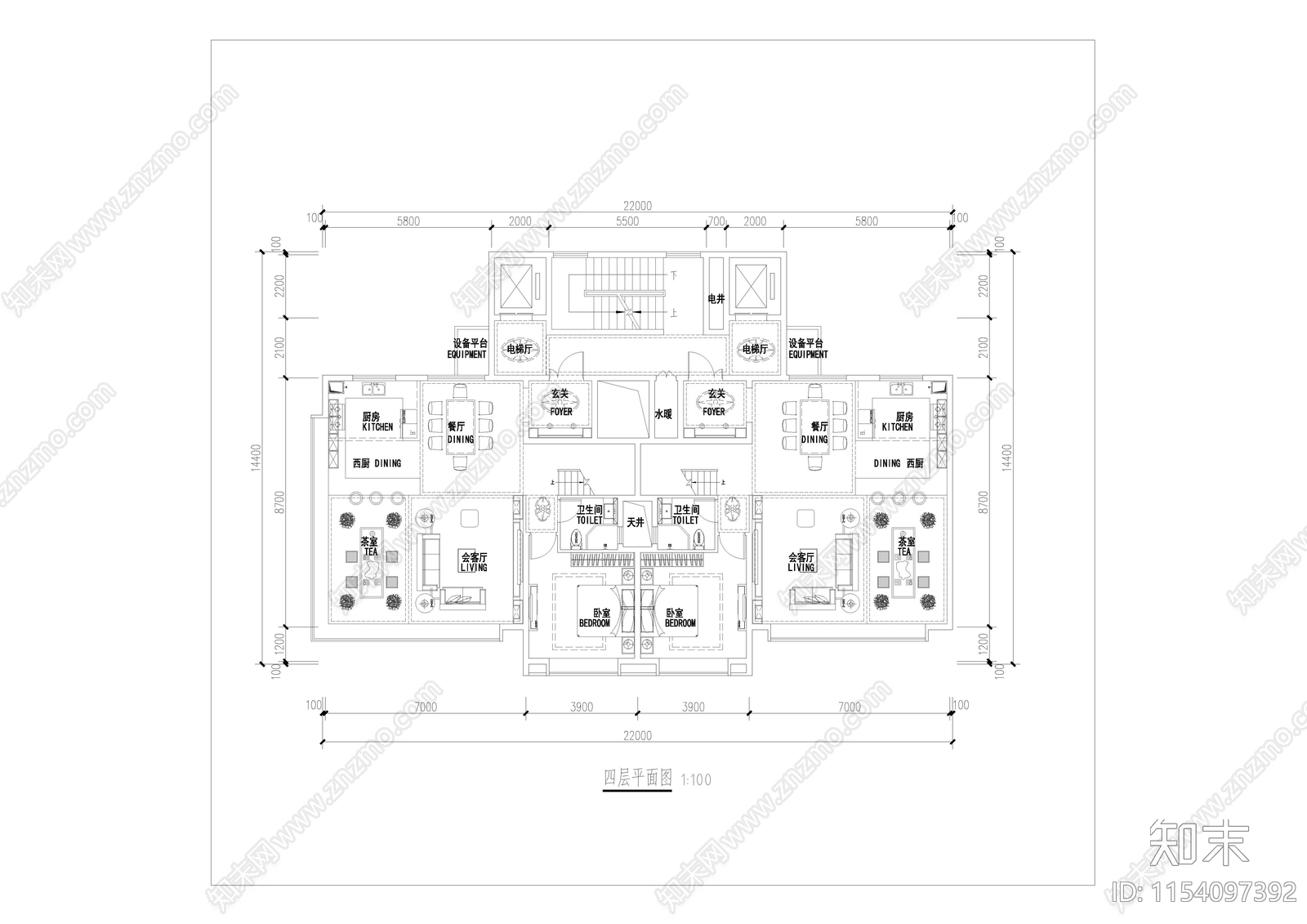 基准方中叠拼户型库cad施工图下载【ID:1154097392】