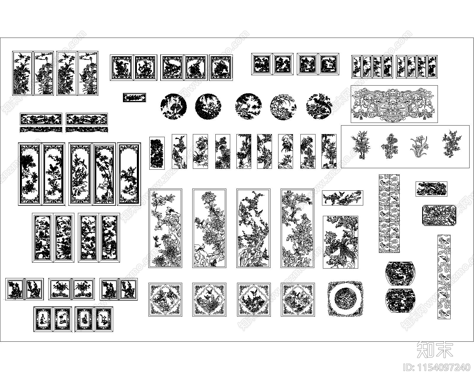 中式花鸟图案柜门cad施工图下载【ID:1154097240】