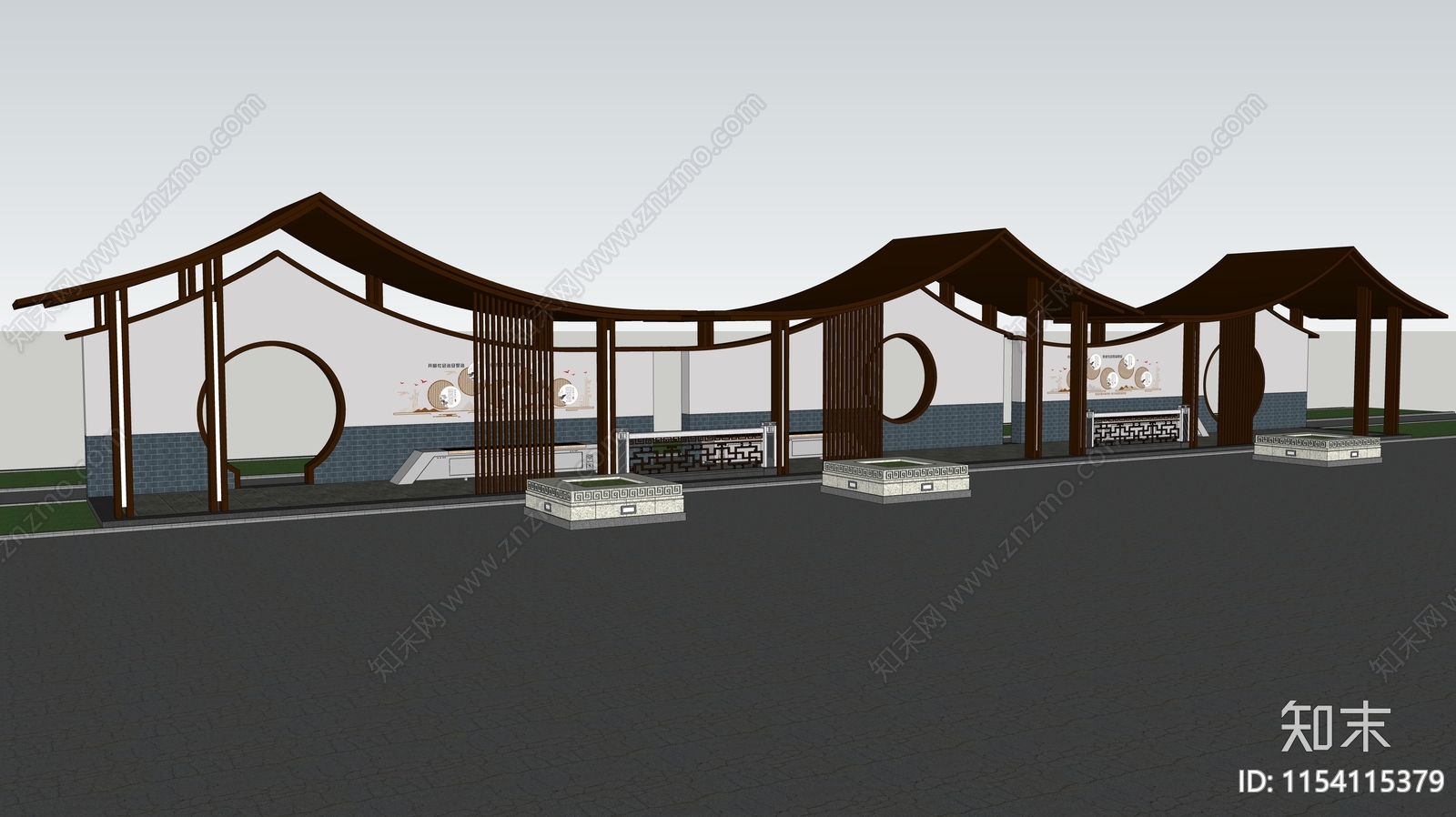 新中式廊架景观连廊SU模型下载【ID:1154115379】
