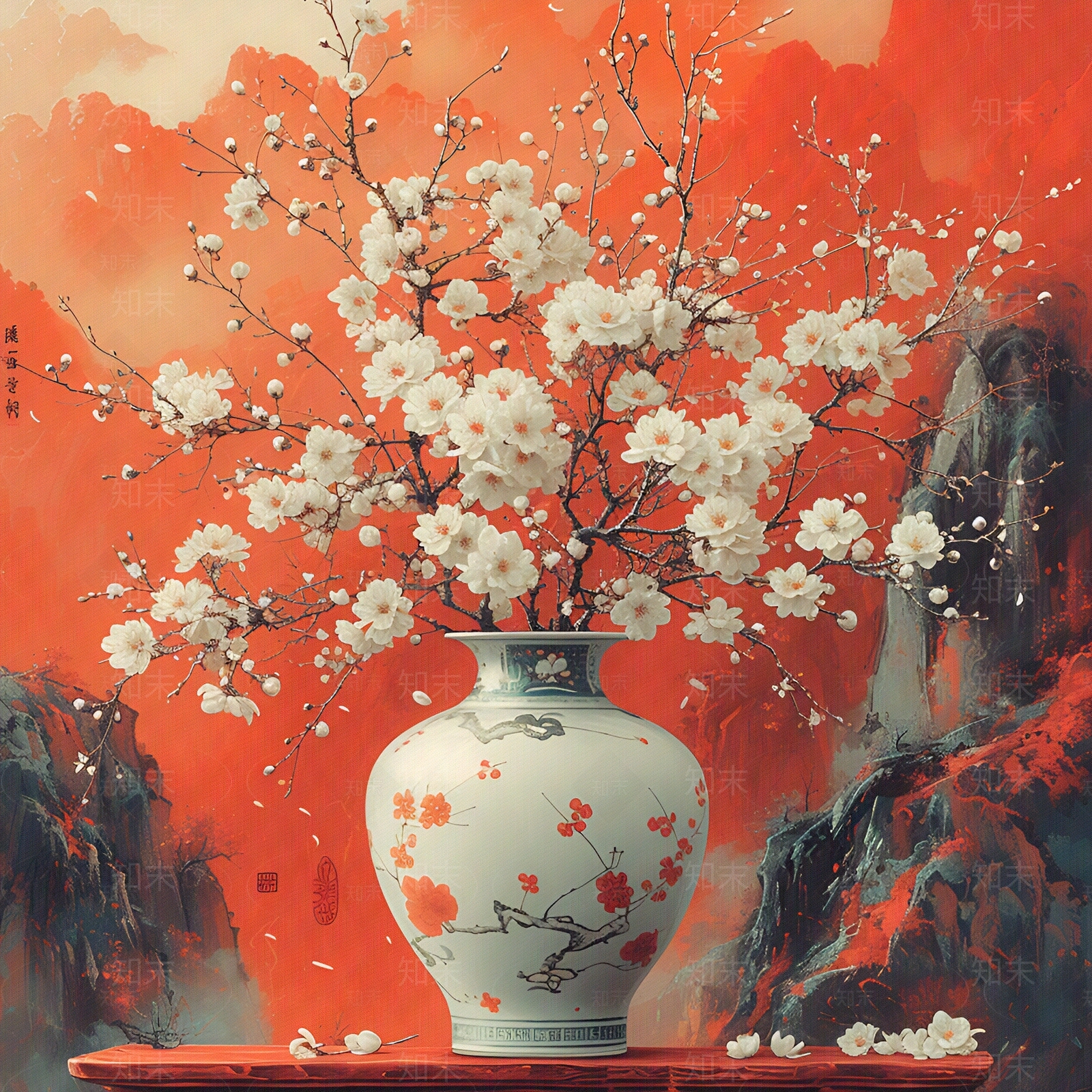 新中式红色山水背景前花瓶与白梅装饰画贴图下载【ID:1154121144】