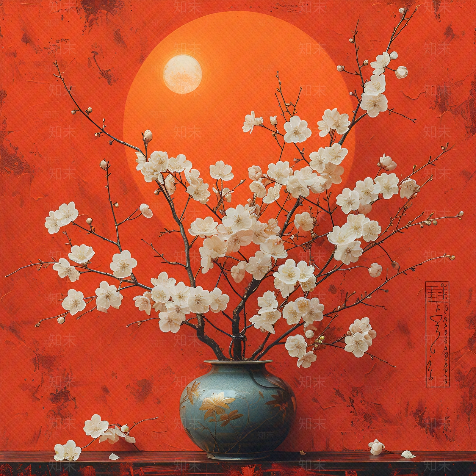 新中式红色山水背景前花瓶与白梅装饰画贴图下载【ID:1154121210】