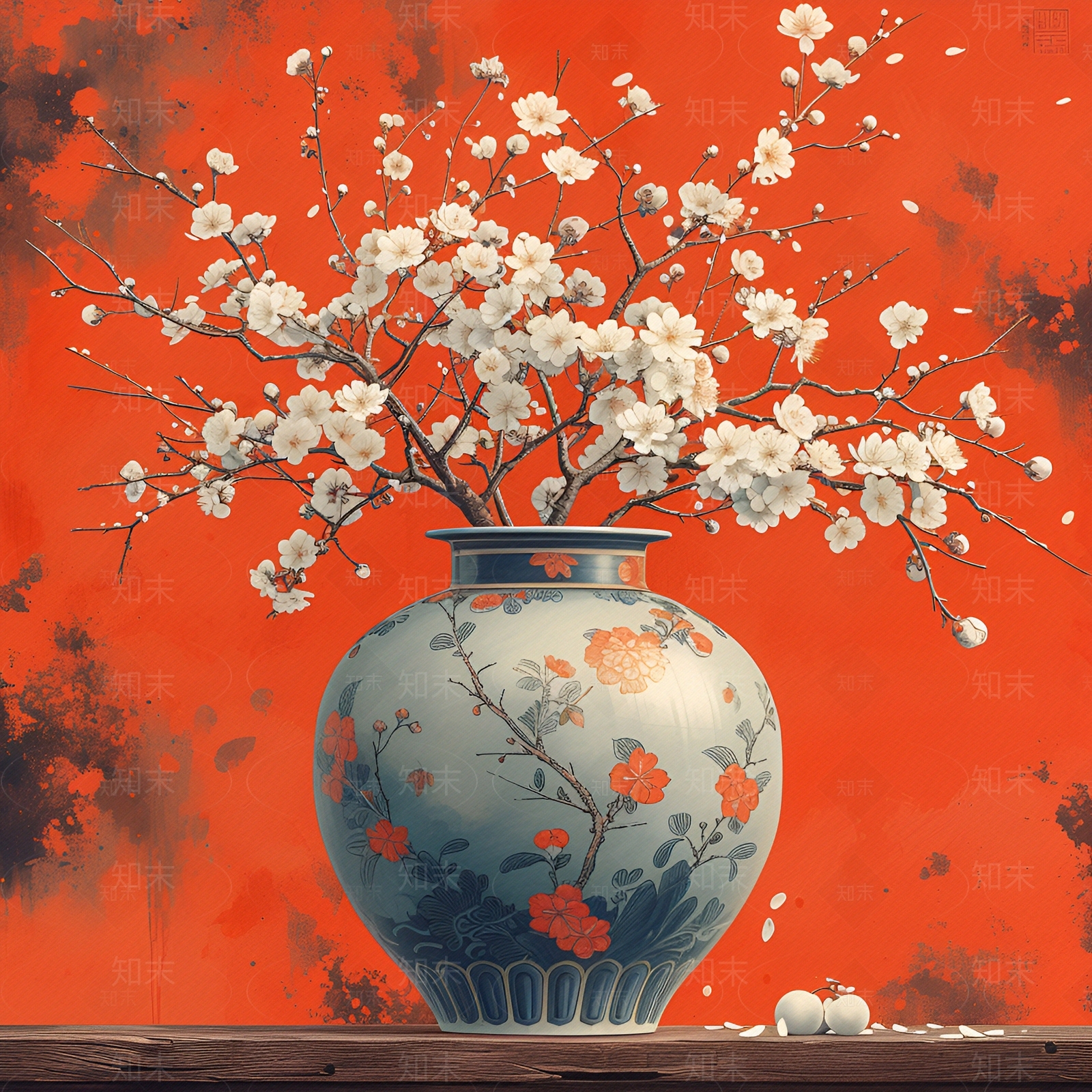 新中式红色山水背景前花瓶与白梅装饰画贴图下载【ID:1154121262】